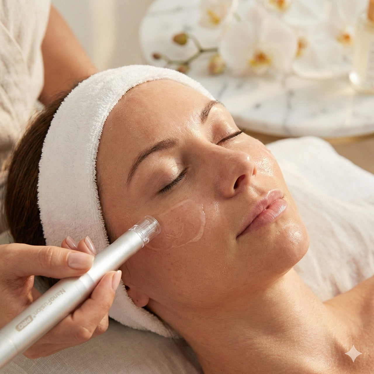 UltraFusion smooth-gliding ultrasound applicator during a professional facial treatment